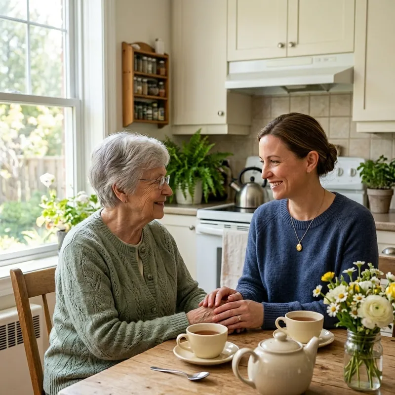 An older woman holding hands with a younger woman over tea at her kitchen table